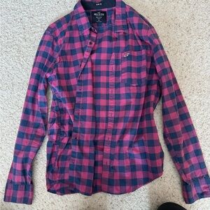 Hollister Men’s Pink and Navy Check Button-Down Shirt